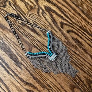 Bohemian Turquoise Silver Chain Fringe Necklace